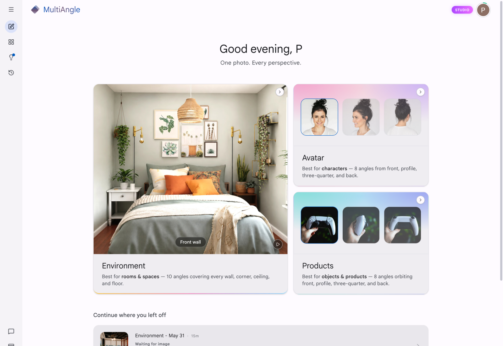 New generation home — mode picker with Environment, Avatar, and Products cards