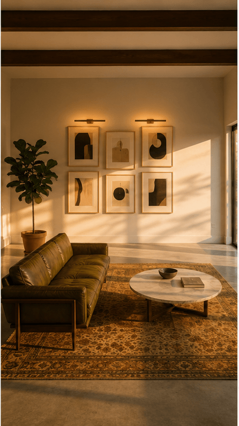 Living room facing the gallery wall, warm sunrise light