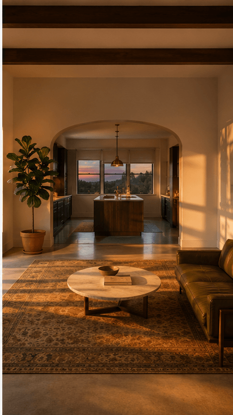 Living room facing the kitchen archway, golden hour sunset