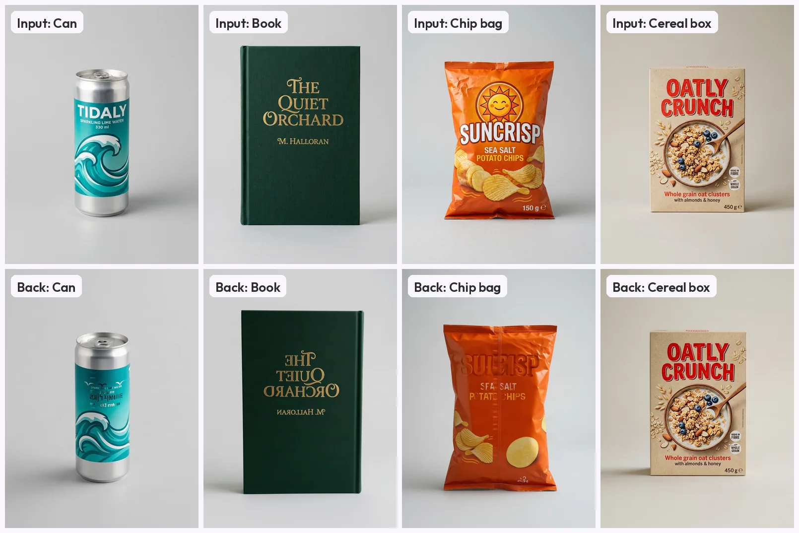 Four front inputs (a can, a book, a chip bag and a cereal box) above their generated back views. The can's back has garbled lettering and two small gull marks, the book's back shows the front title mirrored, the chip bag's back has a ghosted, garbled SUNCRISP, and the cereal box's back repeats the front artwork