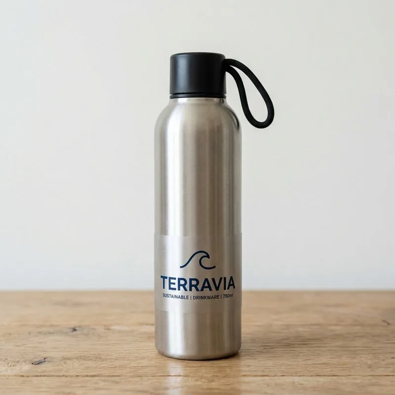 Input image: a brushed stainless water bottle with a black cap and a printed TERRAVIA label, front view, on a wooden table