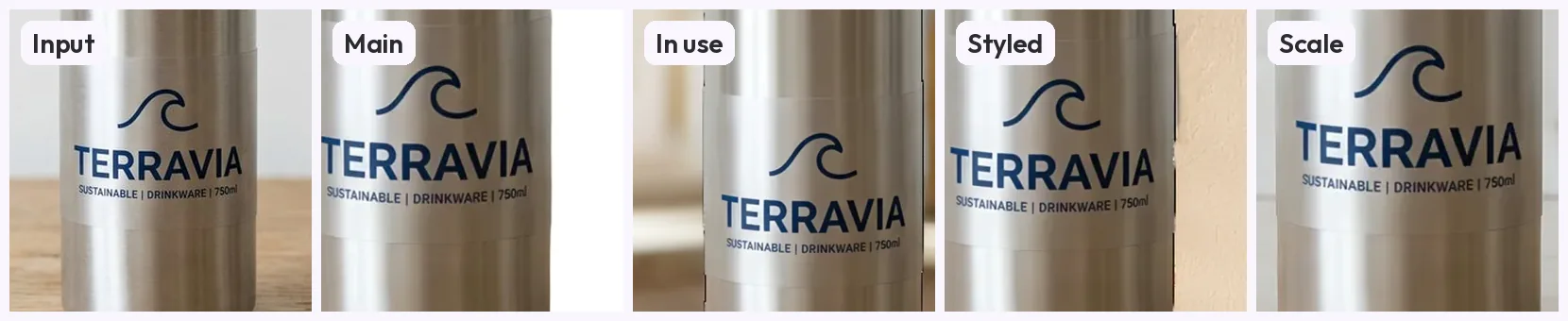 Close-ups of the TERRAVIA label: on the input, the main image, and the in-use, styled and scale shots, all legible and unchanged