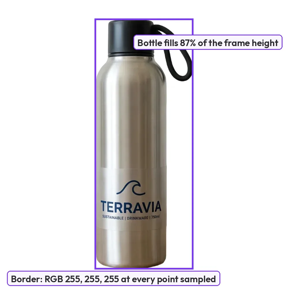 The generated main image of the bottle on a white background with a violet box around the bottle and two notes: it fills 87% of the frame height, and the border is RGB 255, 255, 255 at every point sampled