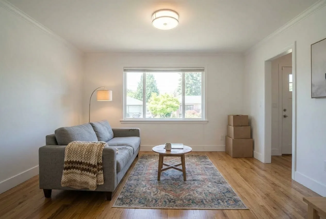 Nano Banana output for the reverse viewpoint: a living room seen from the opposite wall, with a three-pane window on the far wall, a lamp beside it, a grey sofa along the left wall, boxes to the right of the window, and a doorway with a glazed door and a framed picture on the right