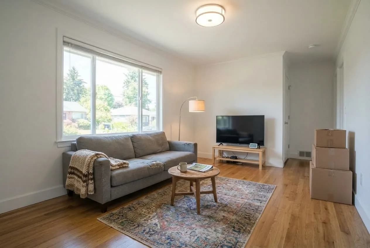 The input image: a furnished living room at eye level with a three-pane window and a grey sofa under it, a floor lamp, a TV on a pale wood stand, a stack of three boxes on the right and a patterned rug, no people in frame