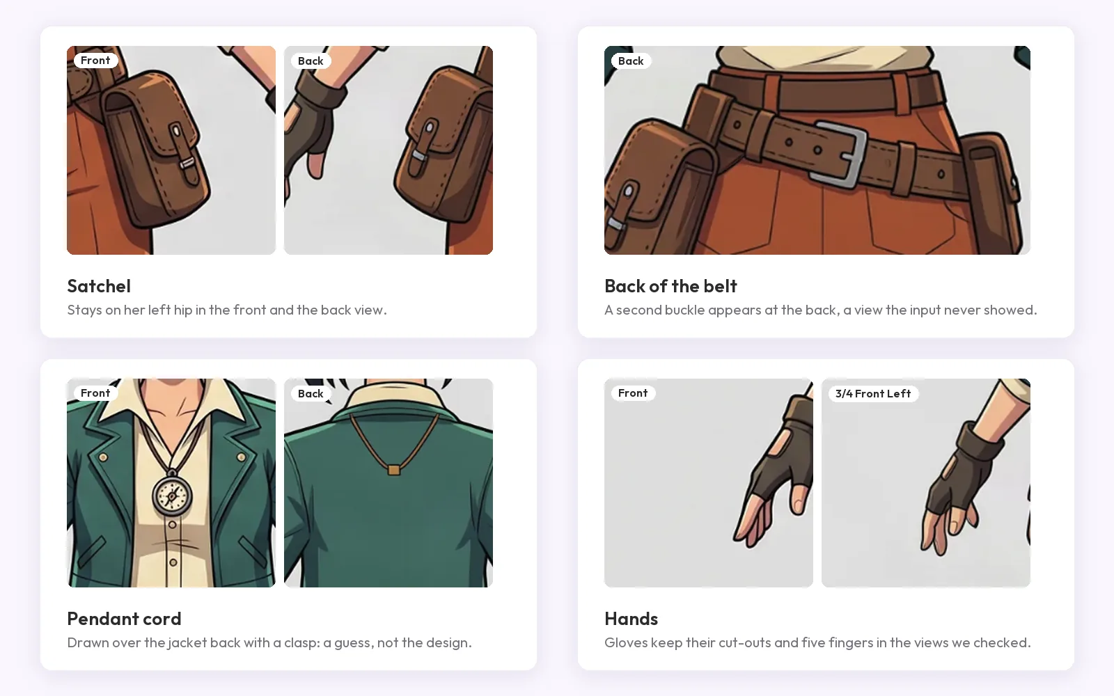 Four close-ups comparing the input with generated views: the satchel on her left hip in the front and back views, a second belt buckle that appears at the back, the pendant cord drawn across the back of the jacket, and the fingerless gloves