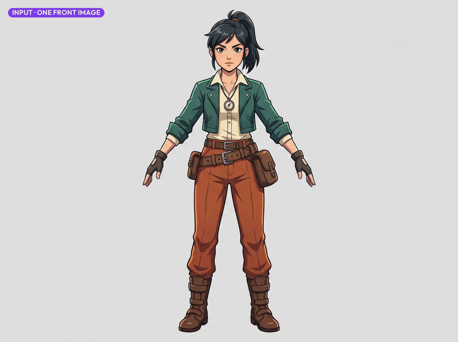 The input: one full-body front illustration of an original explorer character in a neutral A-pose on a plain light grey background, with a satchel on her left hip