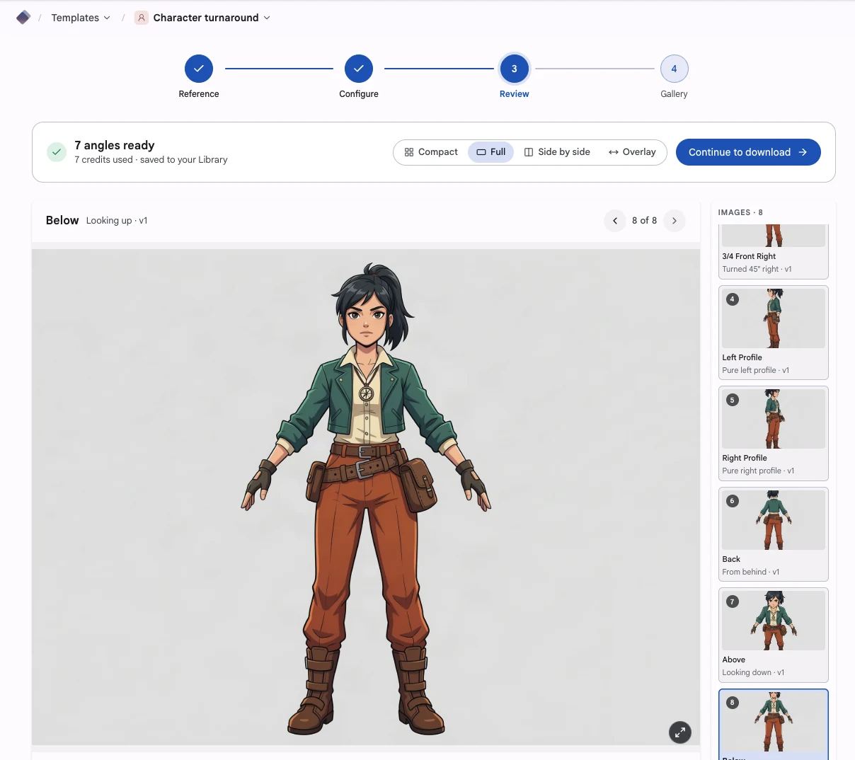 Screenshot of the MultiAngle review screen after the run: 7 angles ready, the view from below open large, and the other views listed as thumbnails beside it