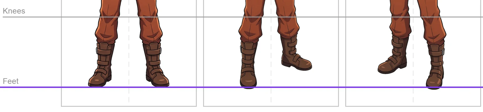 Close-up of the boots in the front, 3/4 left and 3/4 right panels: both front boots stand on the violet feet line, while in each three-quarter view the far boot sits clearly above it