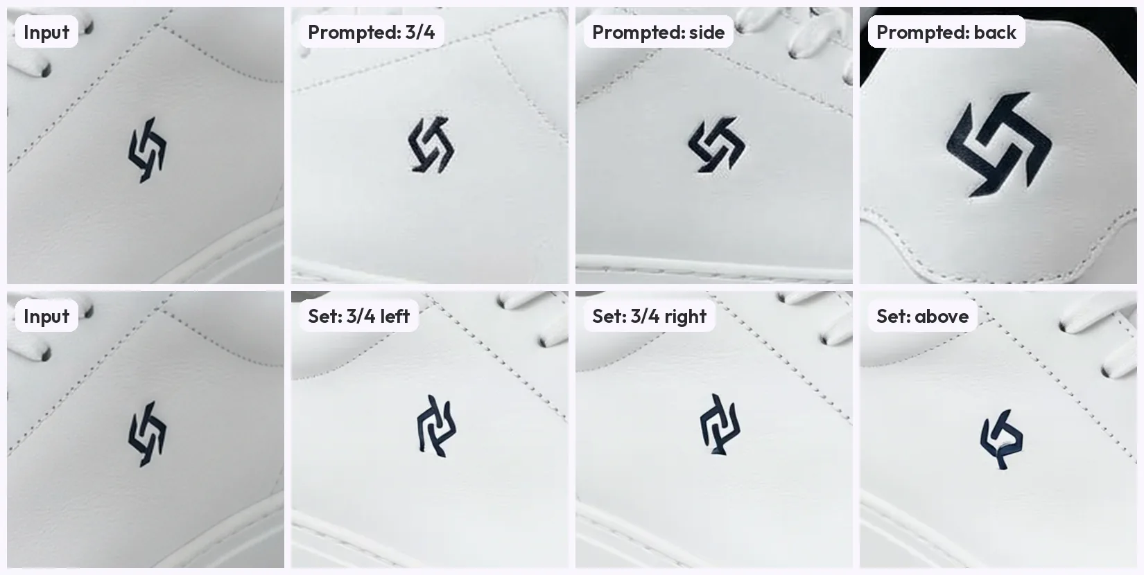 Eight close-ups of the sneaker's logo. Top row: the input, then prompted 3/4, side and back views, where the back view shows a large logo on the heel. Bottom row: the input, then the fixed set's 3/4 left, 3/4 right and above views, where the mark is redrawn with broken strokes