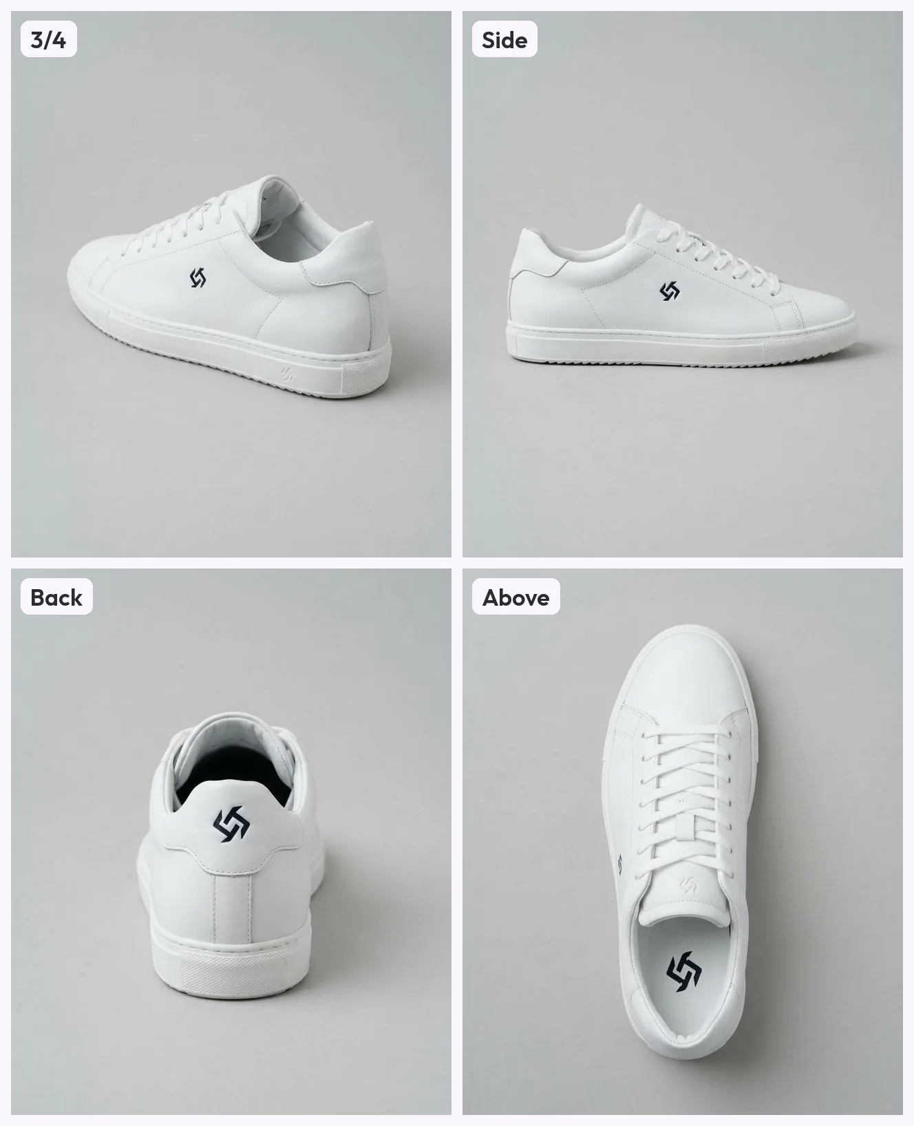 Four views of the white sneaker made by prompting a general image model: 3/4, side, back and from above