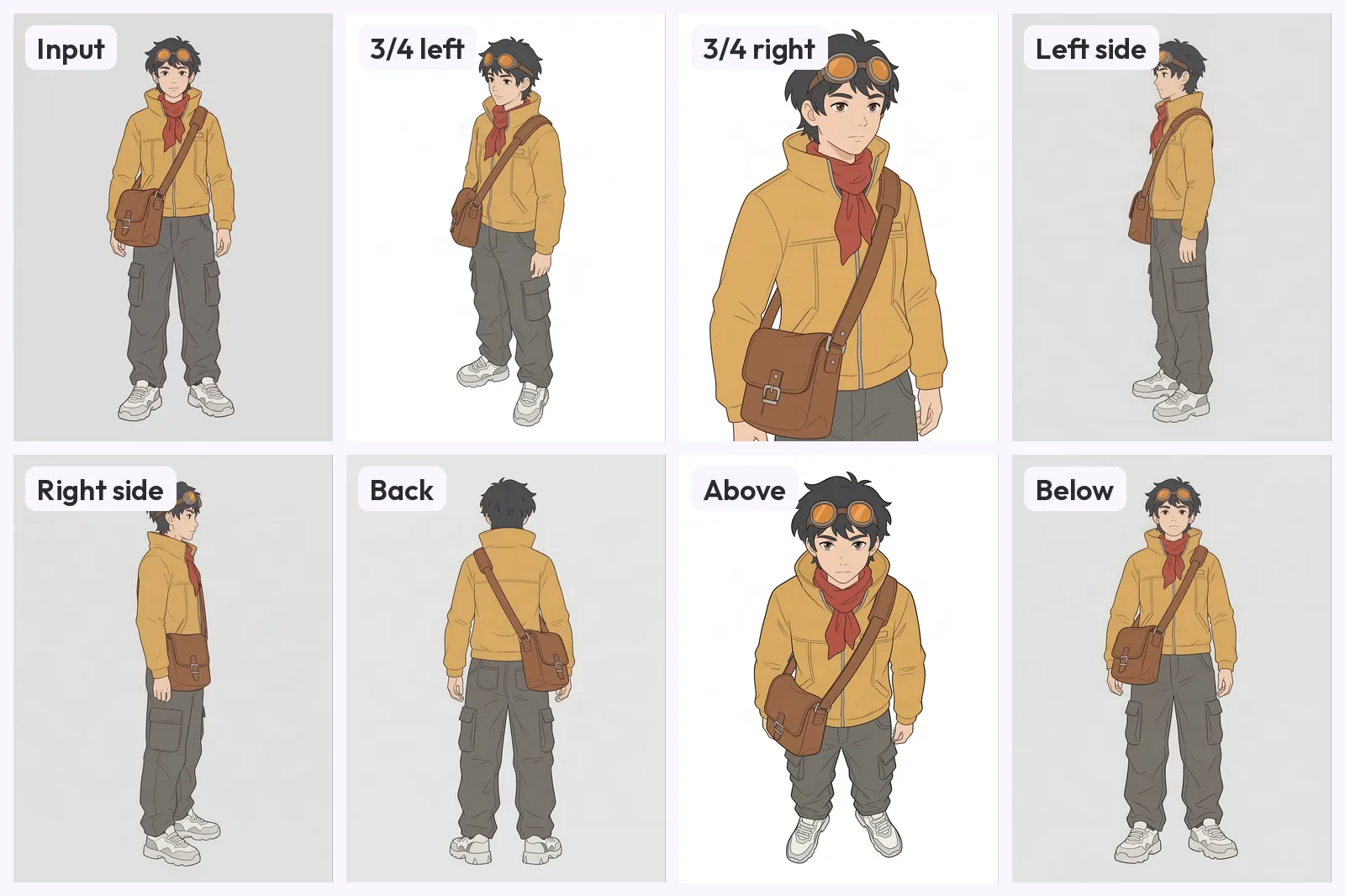 MultiAngle Character turnaround of the courier: the front drawing and the generated views, labelled 3/4 left, 3/4 right, left side, right side, back, above and below