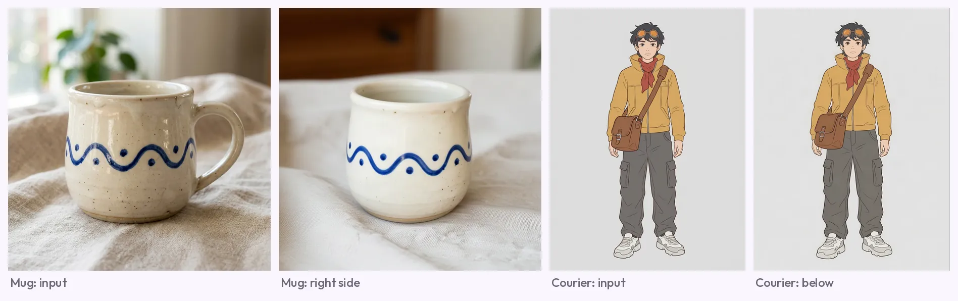 Close comparison of the input against a generated view for two subjects: the mug input beside its right-side view where no handle shows, and the courier input beside its below view that looks like the front