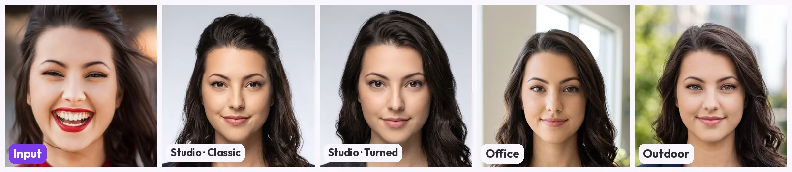 Five face crops of the same person: the laughing input photo with red lipstick on the left, then the AI outputs, each with a closed-mouth smile and natural lips: Studio Classic, Studio Turned, Office and Outdoor