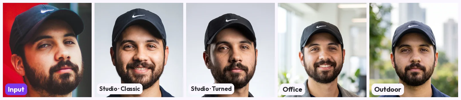 Five face crops of a bearded man in a dark cap with a swoosh logo: the three-quarter, heavy-lidded input against a red wall on the left, then the AI outputs with more open eyes and the cap kept, two of them with a smile showing teeth