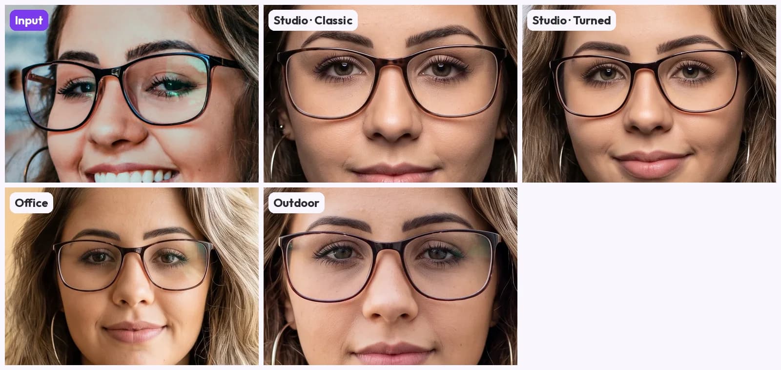 Five close crops of the same pair of rectangular glasses: the input with near-black frames and a green lens reflection, then the AI outputs, where the frames are tortoiseshell-brown, dark brown, thin dark brown and burgundy-brown with the reflection gone or faint