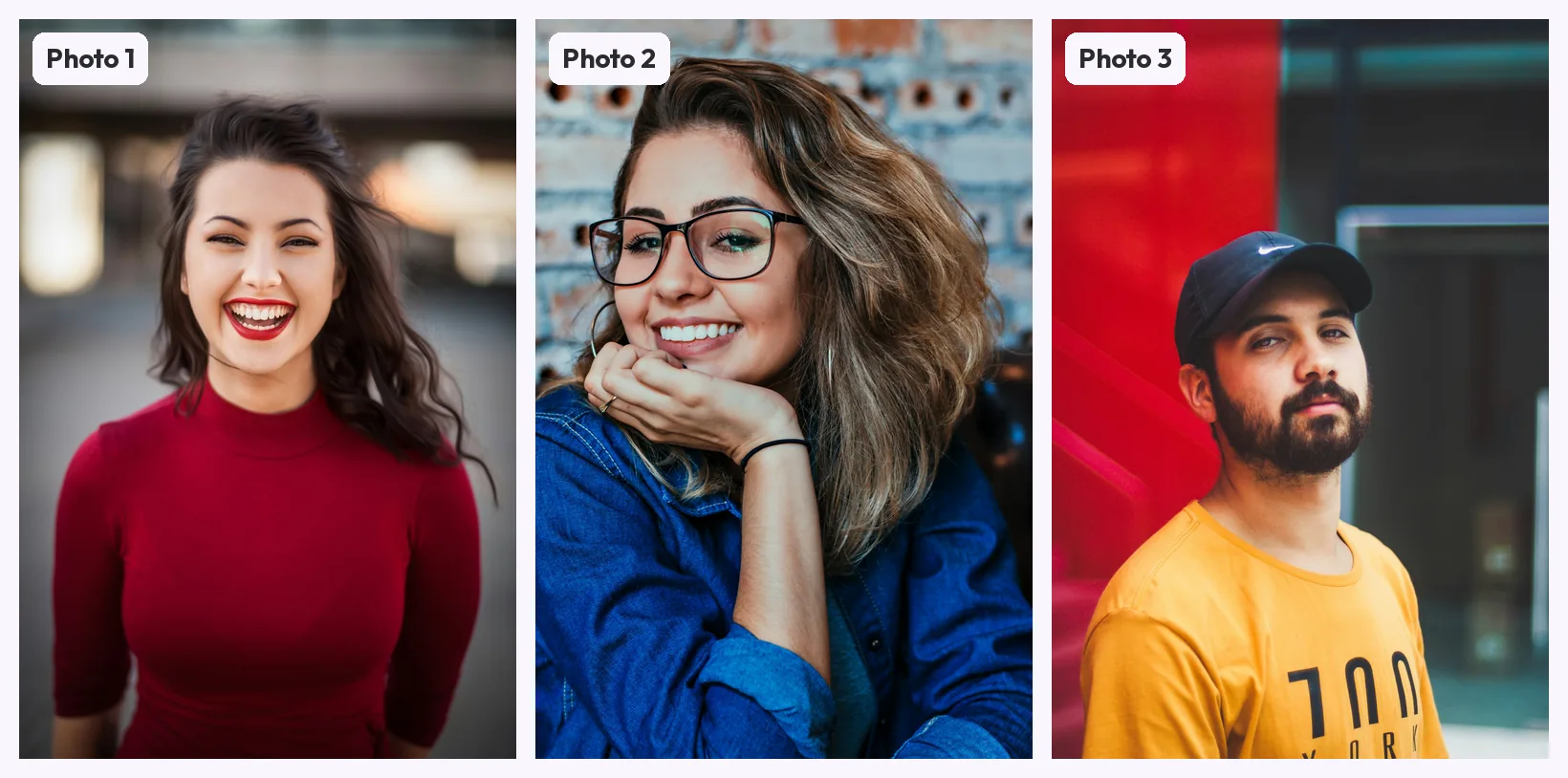 Three casual portrait photos: a woman laughing outdoors in a red top against a blurred street, a woman in black-framed glasses leaning her chin on her hand in front of a brick wall, and a bearded man in a dark cap with a swoosh logo and a yellow T-shirt turned three-quarters to the camera in front of a red wall