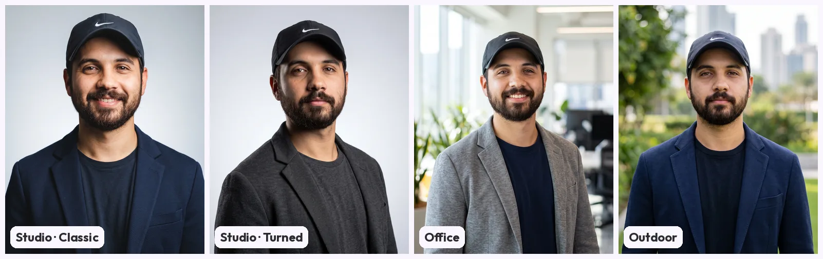 AI headshots of a bearded man in a dark cap with a swoosh logo: Studio Classic, smiling at the camera against a plain grey backdrop; Studio Turned, head turned with a hard shadow on one side; Office, smiling in front of a blurred open-plan office; Outdoor, with a neutral mouth in front of blurred trees and tall buildings
