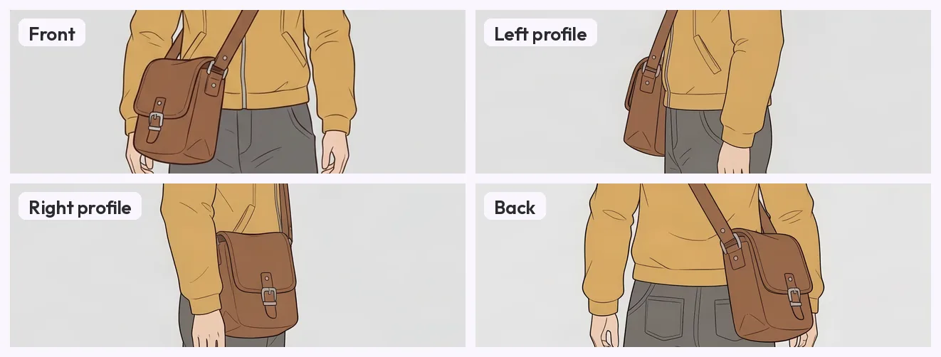 Crops of the satchel in four views: front, left profile, right profile and back, each showing the bag at hip height with its strap