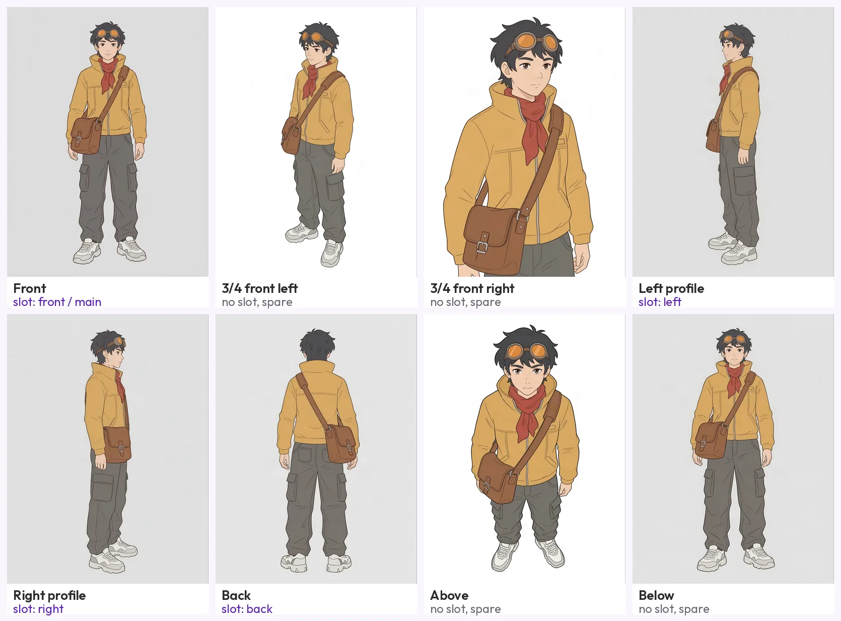 All the views of the test character in two rows, each captioned with its slot: front in the front or main slot, left profile in left, right profile in right, back in back, and the two 3/4 views and above and below as spares