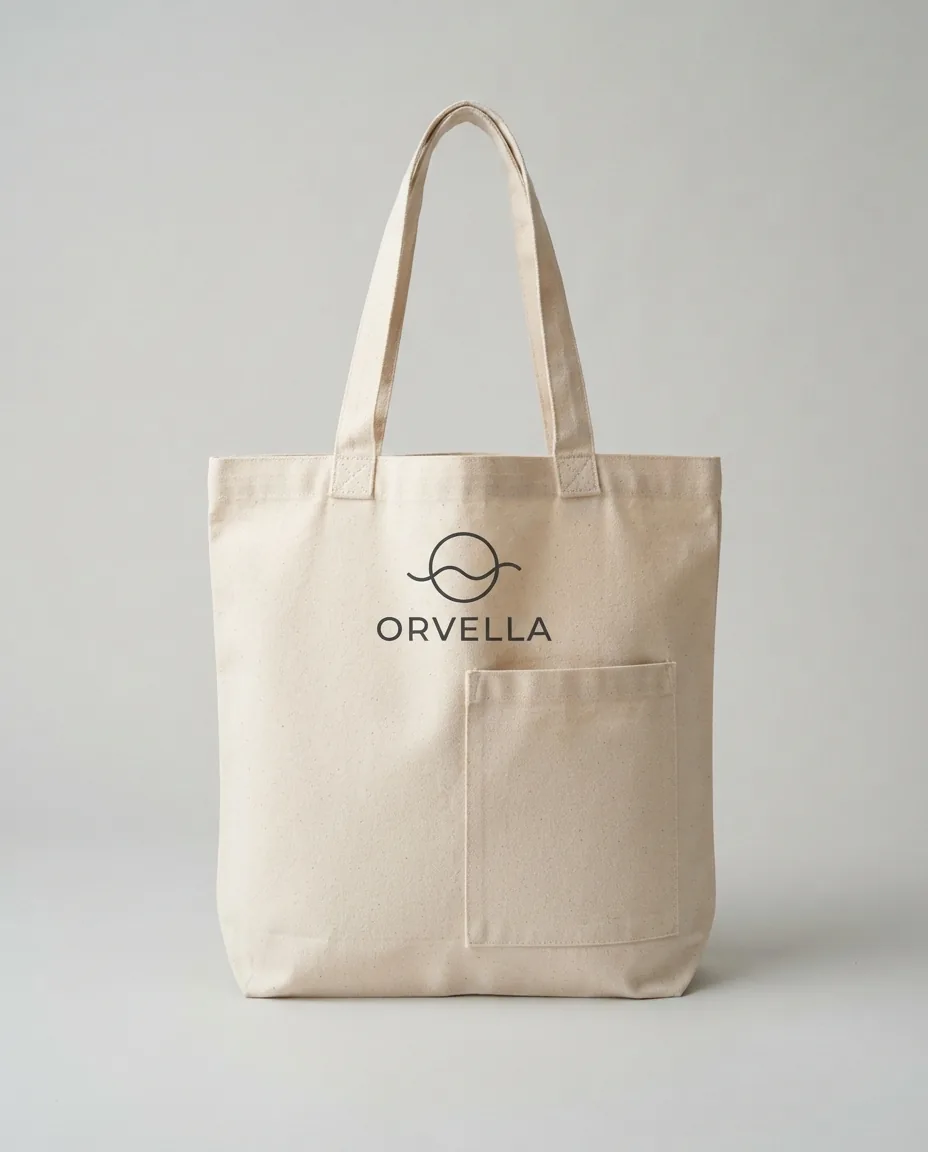 Input image: canvas tote bag with a fictional printed logo and a front pocket, front view on a plain light grey background
