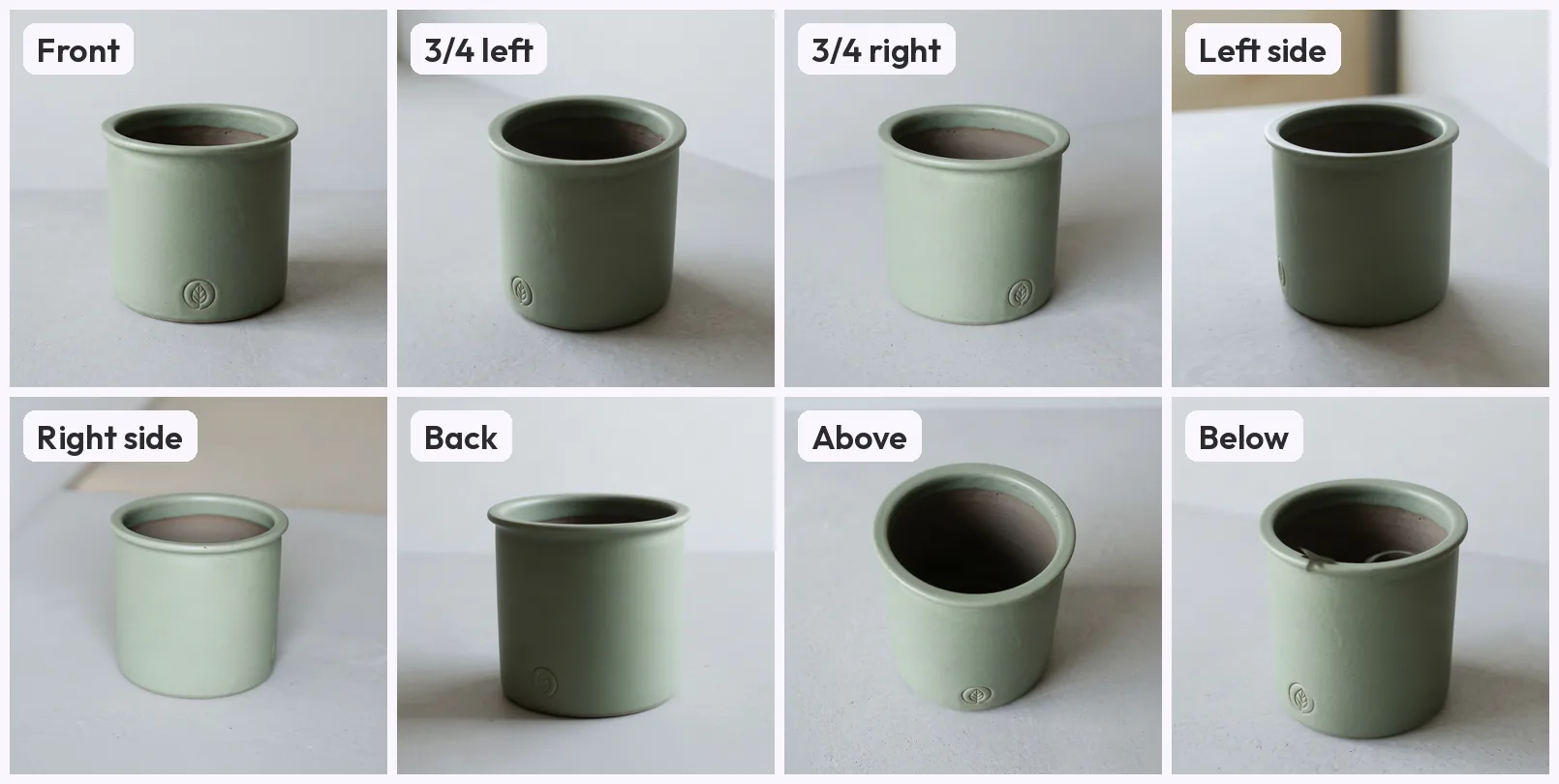 The sage-green planter in eight labelled views in a 4×2 grid: front, 3/4 left, 3/4 right, left side, right side, back, above and below