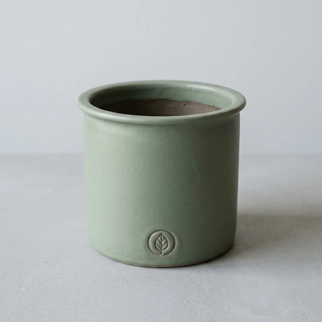Input image: a matte sage-green ceramic planter with a rolled rim and a small stamped leaf-in-a-circle logo near the base, front view on a plain grey background