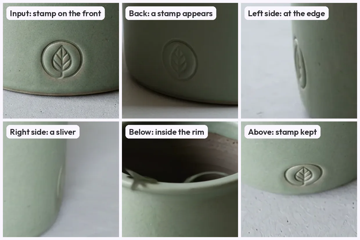 Six close-ups of the planter: the stamp on the input, a fainter stamp on the back view, a thin edge of the stamp on each side view, the sprig and loop inside the rim in the below view, and the stamp kept in the above view