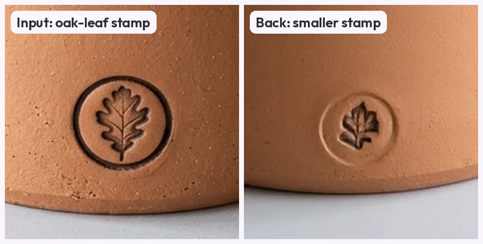 Two close-ups of the terracotta planter: the dark-ringed oak-leaf stamp on the input, and a smaller, paler stamp with a simpler leaf on the back view