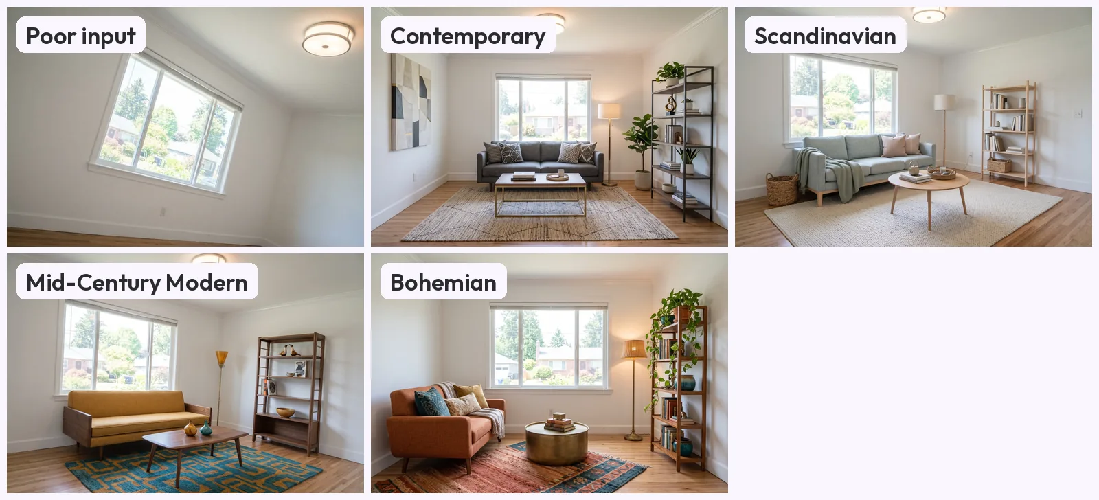The tilted poor input photo of the living room beside its four staged versions, which show a level camera, a different framing and floor the photo never showed