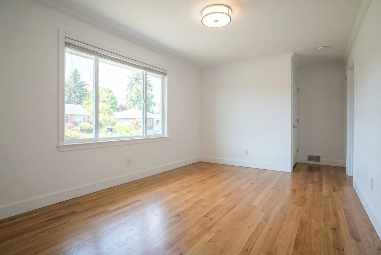 Empty living room seen from a corner at chest height with the lights on, two walls and most of the floor visible