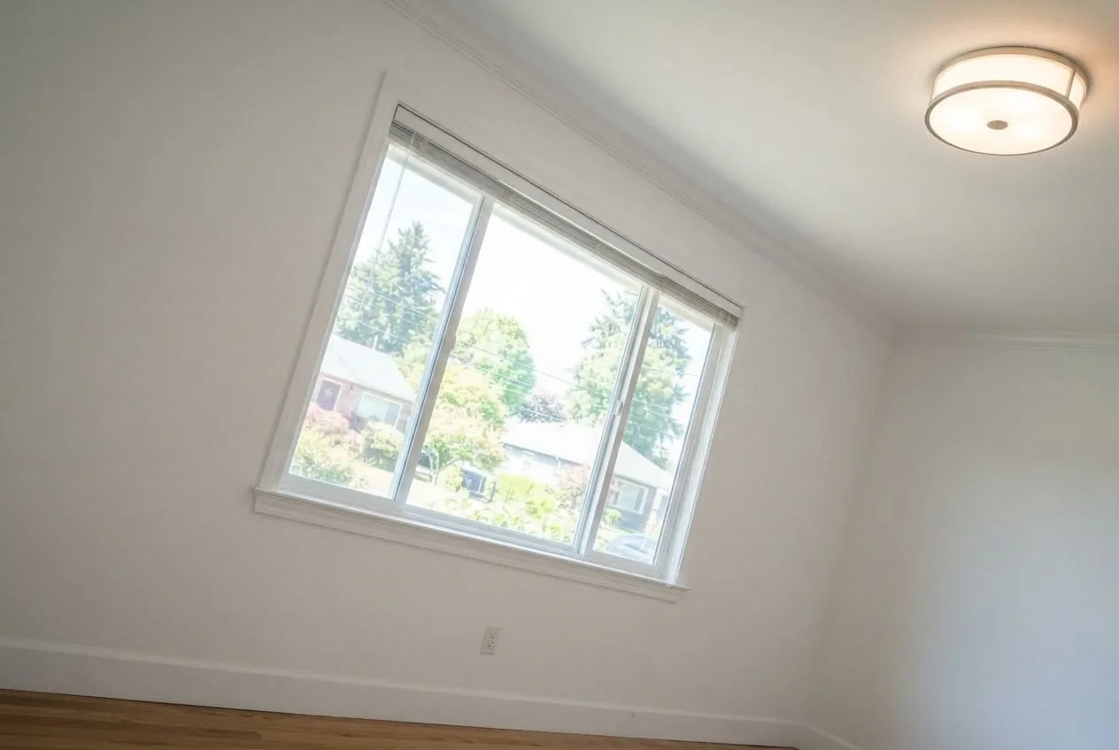 The same empty living room shown badly: camera tilted, shot from the doorway, floor cut off at the bottom of the frame