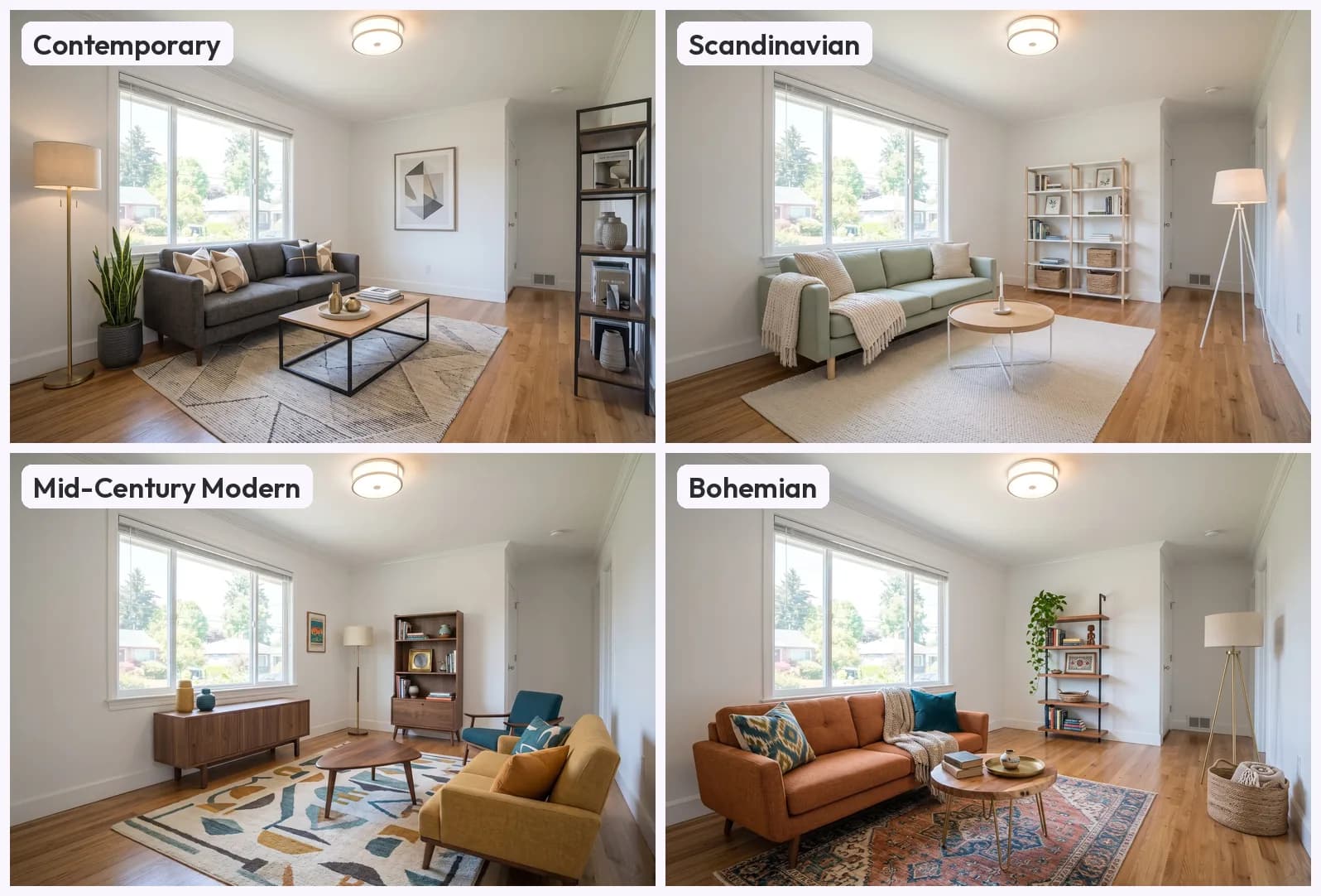 Two-by-two grid of the same empty living room virtually staged in Contemporary, Scandinavian, Mid-Century Modern and Bohemian styles, same camera position