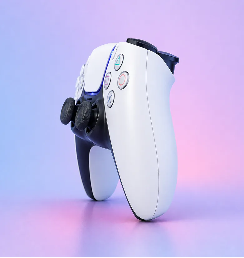 White game controller, three-quarter view