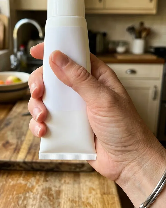 A hand holding a tube of hand cream, the top of the tube cut off by the frame