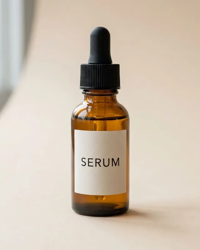 An amber dropper bottle standing whole on a plain beige surface, with space all around it