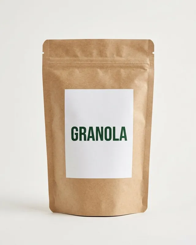 A kraft pouch photographed straight on, its front label sharp and readable