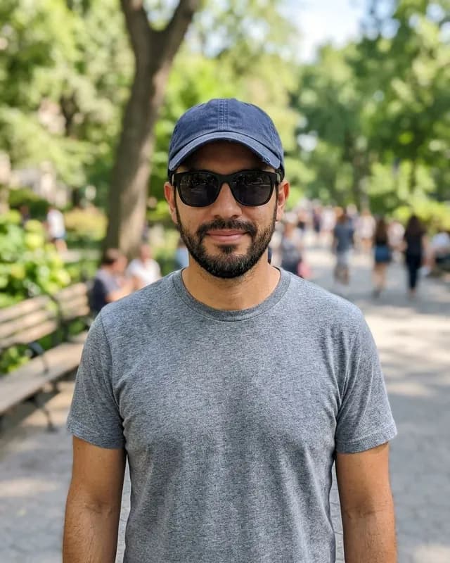 A man in dark sunglasses and a baseball cap that hide his eyes and hairline