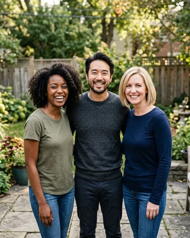 Three friends standing shoulder to shoulder in a group photo