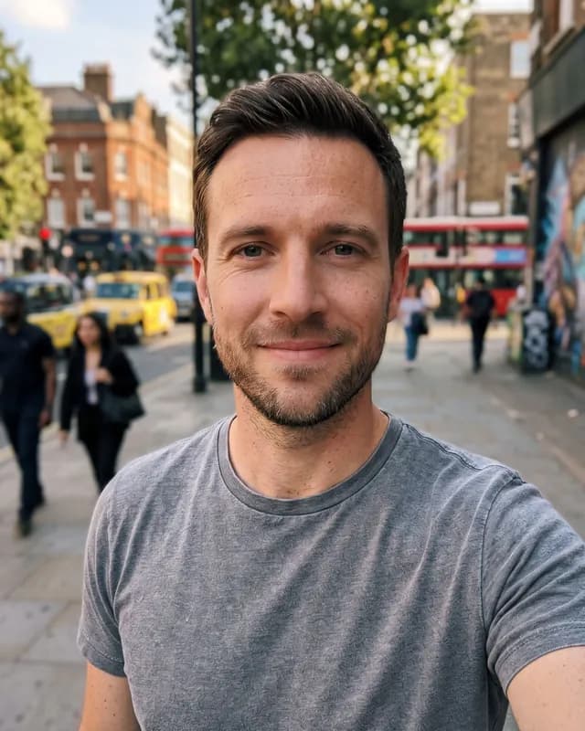 A man’s casual selfie, facing the camera in even light