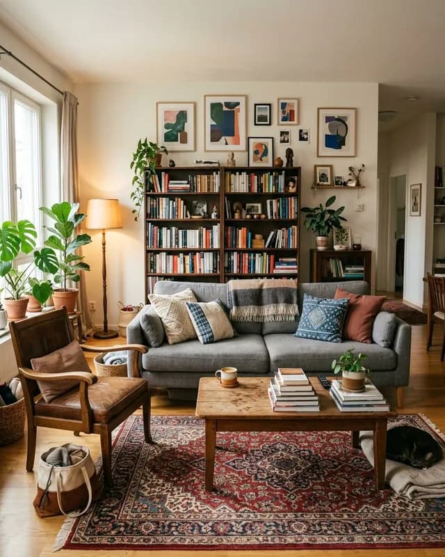 A fully furnished living room with a sofa, rug, coffee table and bookshelf