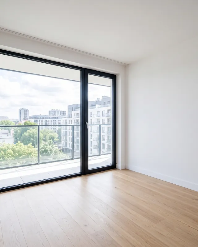 An empty living room shot from one corner, the floor and two walls in view