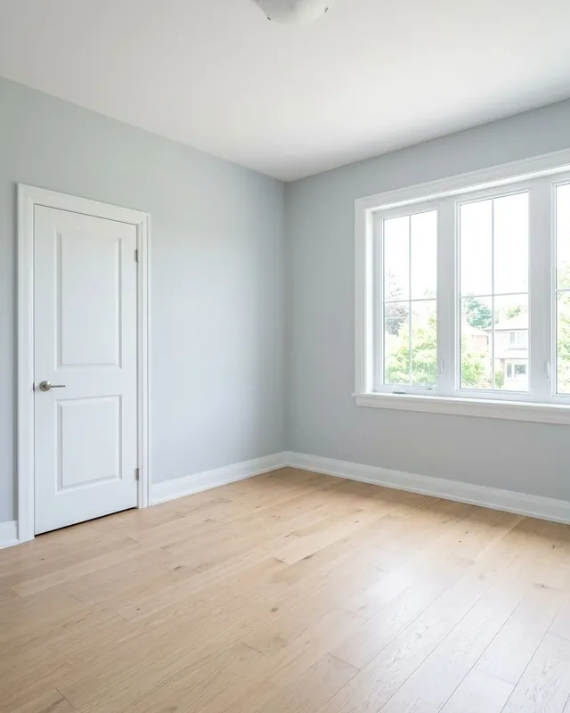 A bright, empty bedroom in daylight, photographed with the camera held level