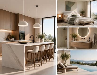 Illustration: a kitchen with a marble island, beside smaller views of a bedroom, a bathroom and a poolside terrace
