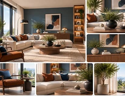 Illustration: a living room with a sofa and round coffee table, plus three closer angles of the same room