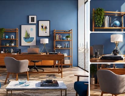 Illustration: a home office with a wooden desk and blue wall, plus three closer vantage points