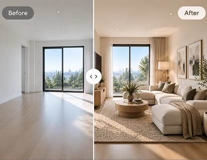 Illustration: an empty living room on the left and the same room furnished on the right