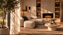 Sunlit living room with a cream sofa, corner vantage