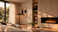 Sunlit living room, fireplace wall