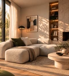 Reference photo of a sunlit living room with a cream sectional sofa